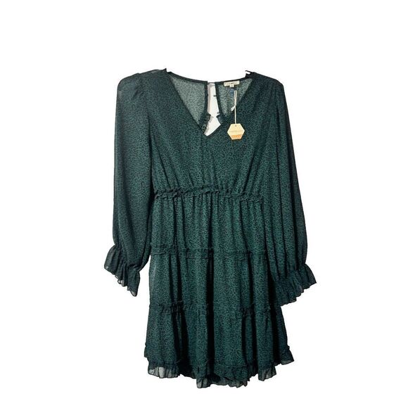 NWT Jodifl Womens Tiered Maxi Dress Green Medium Ruffle Smocked Long Sleeve - Picture 1 of 10
